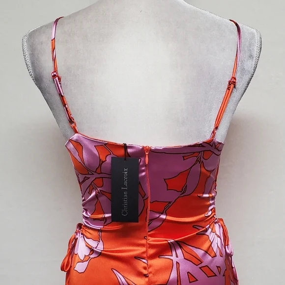 Christian Lacroix Orange Purple Retro Floral Print Satin Cut-out Midi Dress XS